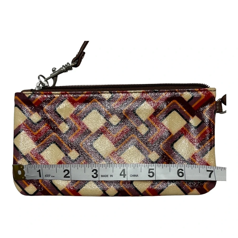 Fossil Wristlet Wallet Key Per Brown Coated‎ Canvas Geometrical Retro Print 70s